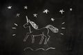 Unicorn. Inspirational illustration design for print, banner, poster. Magic stars. Chalk on bkackboard