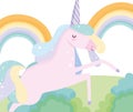 Unicorn jumping rainbow field fantasy magic cute cartoon