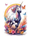 the unicorn jumps against the backdrop of a rainbow in a flower field.