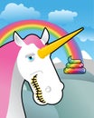 Unicorn on landscape. Turd unicorn. Rainbow of shit. Clouds and