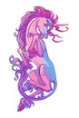 Unicorn laying on his back. Fantasy concept art for tattoo, logo, colouring books for kids and adults. Trendy color