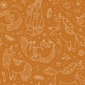 Unicorn line art seamless pattern, funny unicorn clipart for kids, cute magic horse animals, nursery room decor, neutral orange