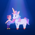 Unicorn and little girl, child and cute white pony