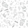 Unicorn, llama and flamingo. Black and white abstract outline seamless pattern. Fashion illustration drawing in modern style for Royalty Free Stock Photo