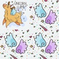 Unicorn Llama. Vector pattern with wings and horns of cute unicorns, dots and stars