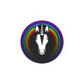 Unicorn logo portrait mythical horse head with horn and rainbow in cartoon style creative round sticker or youth print for t-shirt