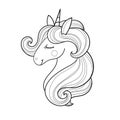 Unicorn with a long mane. Black and white linear drawing. Vector illustration Royalty Free Stock Photo