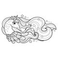 Unicorn with a long mane. Black and white linear drawing. Vector Royalty Free Stock Photo