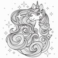 Unicorn with a long mane, hand drawn vector illustration