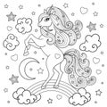 Unicorn with a long mane on the rainbow. Black and white image. Vector
