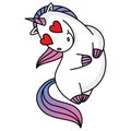 Unicorn in love with red hearts in his eyes. Print for baby clothes. Vector