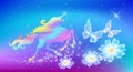 Unicorn with luxurious winding mane, butterflies and transparent flowers against the background of the fantasy universe with