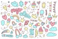 Unicorn and Magic Doodles. Cute unicorn and pony collection with magic items. Unicorn pattern. Vector doodles illustrations.