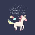 Unicorn and Magic Doodles. Cute unicorn and pony collection with magic items. Unicorn pattern. Vector doodles illustrations.