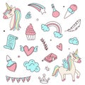 Unicorn and Magic Doodles. Cute unicorn and pony collection with magic items. Unicorn pattern. Vector doodles illustrations.