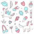 Unicorn and Magic Doodles. Cute unicorn and pony collection with magic items. Unicorn pattern. Vector doodles illustrations.