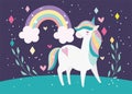 Unicorn magic fantasy cartoon rainbow clouds hearts floral night decoration