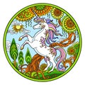 Unicorn in magic forest ornamental color round vector illustration