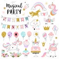 Unicorn magic party elements. Set of rainbow, sweets, crown, balloons, flags, cupcakes Royalty Free Stock Photo