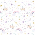 Unicorn magic pattern background with rainbow, stars and diamonds. For print and web.