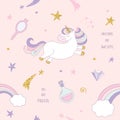 Unicorn magic seamless pattern background with rainbow, stars and diamonds on pastel pink. For print and web.