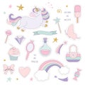 Unicorn magic set with rainbow, stars and sweets.