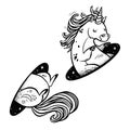 Unicorn in magic teleport. Linear black and white drawing.