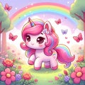 A cute unicorn running in a rainbow magical world. Unicorn cartoon illustration.