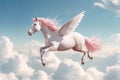 A unicorn, Majestic Pegasus horse flying high above the clouds. Flight of the Pegasus. Generative Ai