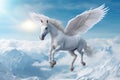 A unicorn, Majestic Pegasus horse flying high above the clouds. Flight of the Pegasus. Generative Ai