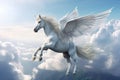 A unicorn, Majestic Pegasus horse flying high above the clouds. Flight of the Pegasus. Generative Ai