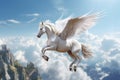 A unicorn, Majestic Pegasus horse flying high above the clouds. Flight of the Pegasus. Generative Ai