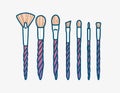 Unicorn makeup brushes set. Vector outline illustration. Beauty and skincare icons set, isolated on white background.