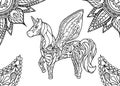 Unicorn with mandala and paisley ornament. Horizontal adult coloring page