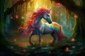 Unicorn with a mane of cascading rainbows standing in an enchanted forest. Generative AI Royalty Free Stock Photo