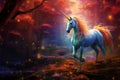 Unicorn with a mane of cascading rainbows standing in an enchanted forest. Generative AI Royalty Free Stock Photo