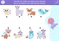 Unicorn matching activity with cute fantasy creatures with horns. Funny fairytale puzzle with cat, dog, whale, llama. Match the