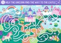 Unicorn maze for kids with fantasy country landscape, castle, fairy. Magic world preschool printable activity with treasures, Royalty Free Stock Photo