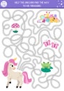 Unicorn maze for kids with fantasy horse and treasures. Magic world preschool printable activity with crystals, crown, gems, Royalty Free Stock Photo