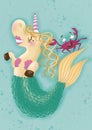 Unicorn mermaid with a funny crab Royalty Free Stock Photo