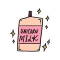 Unicorn milk bottle doodle art. Vector illustration