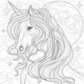 Unicorn and moon.Coloring book antistress for children and adults. Illustration isolated on white background.