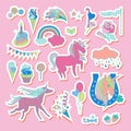 Unicorn multicolor stickers with cake, sweets, ice-cream, cloud, stars, flag, unicorns and baloons