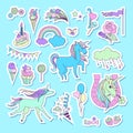 Unicorn multicolor stickers with unicorn, cloud, cake, sweets, ice-cream, baloons, rose and flag Royalty Free Stock Photo