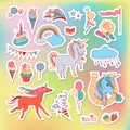 Unicorn multicolor stickers with rainbow, unicorn, cloud, cake, sweets, ice-cream and flag Royalty Free Stock Photo