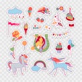 Unicorn multicolor stickers with rose, cake, sweets, ice-cream, cloud, stars, flag, baloons and unicorns