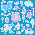 Unicorn multicolor stickers with unicorn, cloud, cake, sweets, ice-cream, baloons, rose and flag on blue background