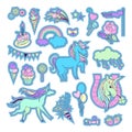 Unicorn multicolor stickers with unicorn, clouds, ice-cream and bow