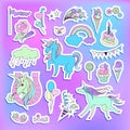 Unicorn multicolor stickers with unicorns, balloons, cake, sweets, ice-cream, cloud, stars, fireworks and flag Royalty Free Stock Photo