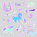 Unicorn multicolor stickers with unicorns, cake, sweets, ice-cream, cloud, stars and flag Royalty Free Stock Photo